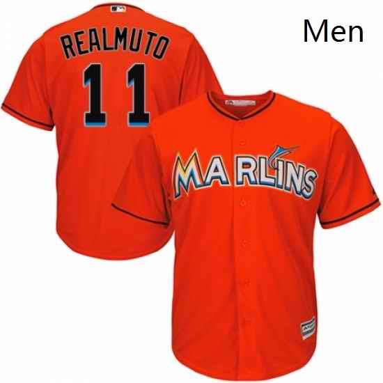 Mens Majestic Miami Marlins 11 J T Realmuto Replica Orange Alternate 1 Cool Base MLB Jersey